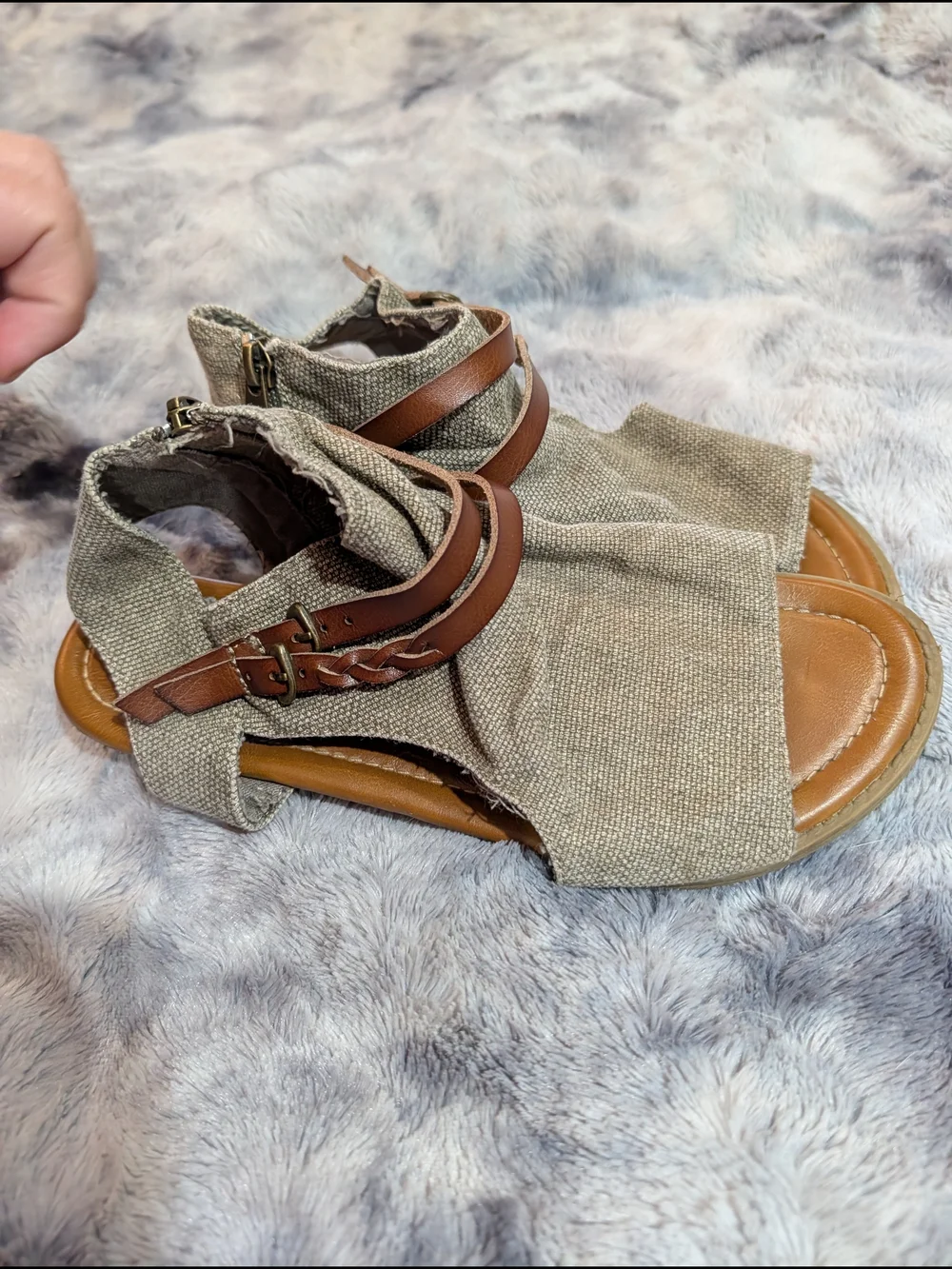 Women’s Taupe Canvas Sandals with Brown Leather Ankle Straps Size 7